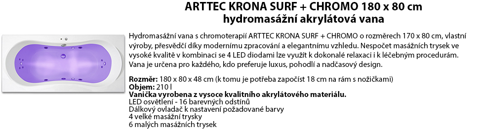 ARTTEC KRONA SURF + CHROMO 180 x 80 hydromasážní